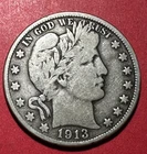 1913D US Barber SILVER Half Dollar "Denver" Mint! VG+! Old US Coin!