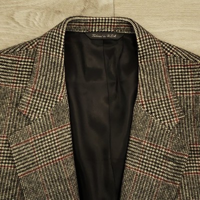 Fellmark Camel Hair Sport Coat Men's 44L Glen Check Plaid Leather Buttons 2 Btn