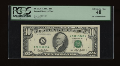 #ad DBR 1993 $10 FRN Boston Fr. 2030 A PCGS XF 40 Serial A78219665A $43.75