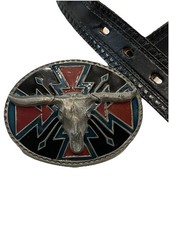 Vintage 90s Justin Leather Belt Western Siskiyou Longhorn Buckle Concho Native S