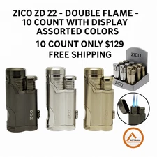 ZICO ZD-22 Double Flame Torch Lighter | 10 Count Display | Assorted Colors !!