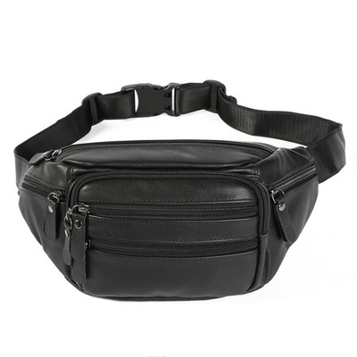 Cangurera De Cuero Negro Con Multiples Bolsillos Para Viajes Y Deportes