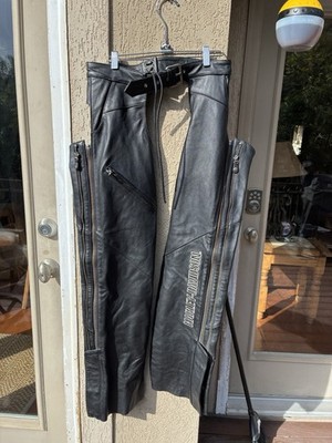 Harley Davidson Black Leather Motorcycle Chaps With Zippers And Logo Size M