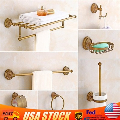 7Pcs Antique Bathroom Accessories Restroom Hardware Carved Brass Towel Bar