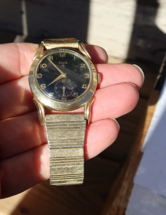 RARE Vintage Elgin Men's Wind Up Watch Wristwatch 10K RGP Black Gold