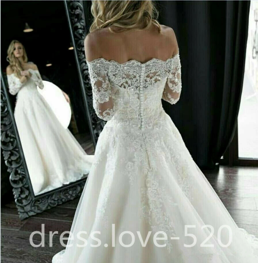 Vintage Wedding Dresses Off Shoulder A Line Long Sleeves White Ivory Bridal Gown - Image 3 of 4