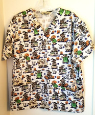 Comfy Cotton 2 Pocket Fall Halloween Print Scrub Top Size M 127