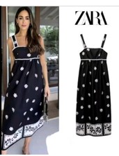 ZARA NEW WOMAN STRAPPY PRINTED MIDI DRESS BOW AT BACK BLACK Size M 1165/092