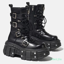 Women's Punk Gothic Metal Buckles Ankle Boots Platform Leather Shoes Motorcycle