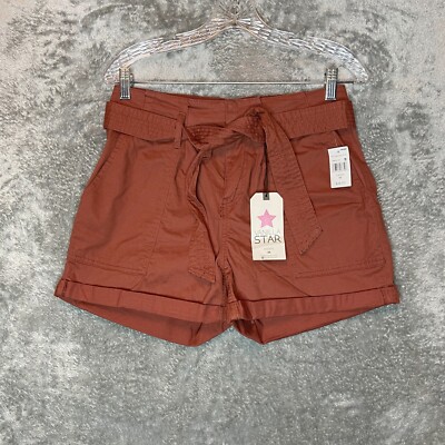 Vanilla Star Juniors Belted Pleated Paperbag Cuffed Utility Short M Rust Orange
