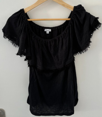 Splendid Bluse schulterfreies Top Damen M ausgefranzt schwarz