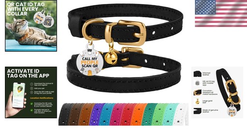 Adjustable Black & Gold Leather Collar for Cats & Mini Dogs with Safety Bells - Picture 2 of 9