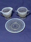 Vtg Anchor Hocking Opalescent Moonstone Hobnail Creamer, Sugar, and Plate