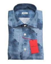 Kiton 1,495 NWT Blue Tonal Print 100 Cotton Sport Shirt 41 eu 16 US