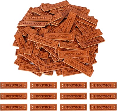 100Pcs Handmade PU Leather Tags Handmade Embossed Crochet Tags with Holes for Ha
