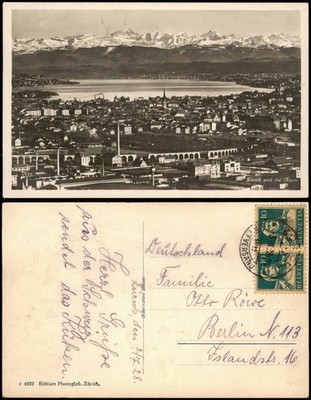 Ansichtskarte Zürich Panorama-Ansicht Blick zu d. Alpen 1928