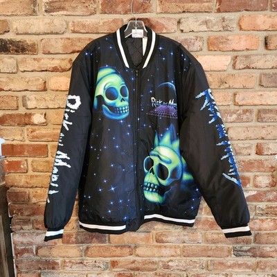 Rick And Morty Graphic Bomber Jacket XL Full Zipper Satin Neon Green Skulls