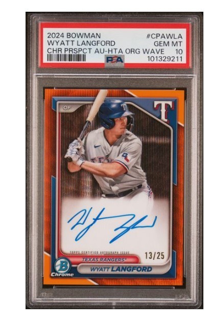 Wyatt Langford 2024 Bowman Orange Wave Auto PSA 10 #13/25 #CPA-WLA Rangers