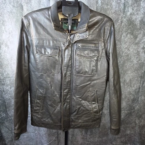 GH Bass Faux Leather Jacket Mens Medium Brown Sherpa Lined Bomber Coat - product listing photo