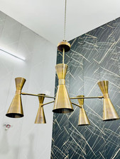 Mid-Century Modern Brass Chandelier: Adjustable 6-Light Ceiling Fixture