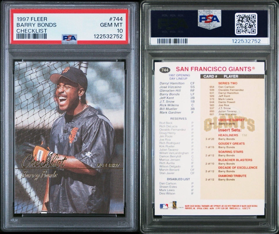 Fleer Checklist 1997 Barry Bonds #744 PSA 10 gemas como nuevo Gigantes Salón de la fama Foto 2 de 4