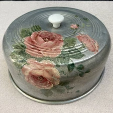 Vintage Hand-Painted Metal Cloche Cake Cover-Pink/Green-Vtg-Cottagecore-Retro