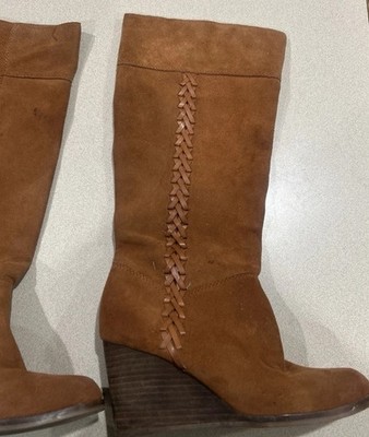 Lucky Brand Sanna Bombay Brown Suede, Leather Wedge Knee High Boots 7.5