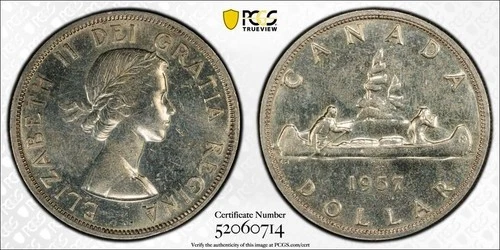 1957 Canada Silver Dollar • PCGS Uncirculated Details (Cleaned) • Gold Shield