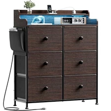  Dresser for Bedroom with Charging Station and LED Lights, 6 Drawers Brown