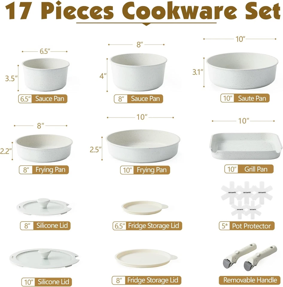 SENSARTE 17 Piece Pots and Pans Set, Nonstick 17 pcs Granite White - Image 2 of 4