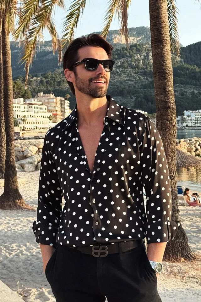 Barabas Men's Polka Dots Silk Feel Shiny Long Sleeve Shirt 4B86 - Image 3 of 4