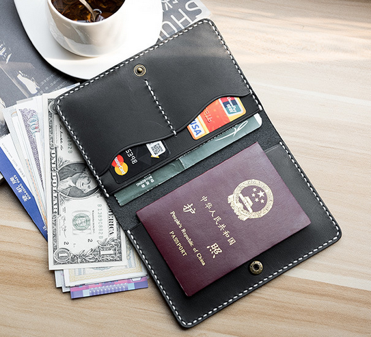 Cow Leather Passport Holder Bifold Wallet Card Pouch Black H688-image