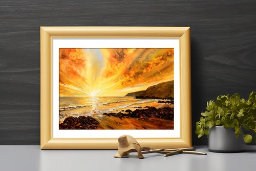 Fiery Sunset Seascape 5"x7" Print on Matte Paper | Blazing Coast Oil Art - Picture 10 of 17