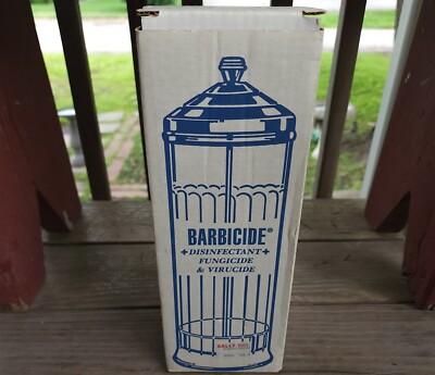 KING RESEARCH BARBICIDE GLASS DISINFECTANT JAR W/ ORIGINAL BOX PACKING & PAPERS
