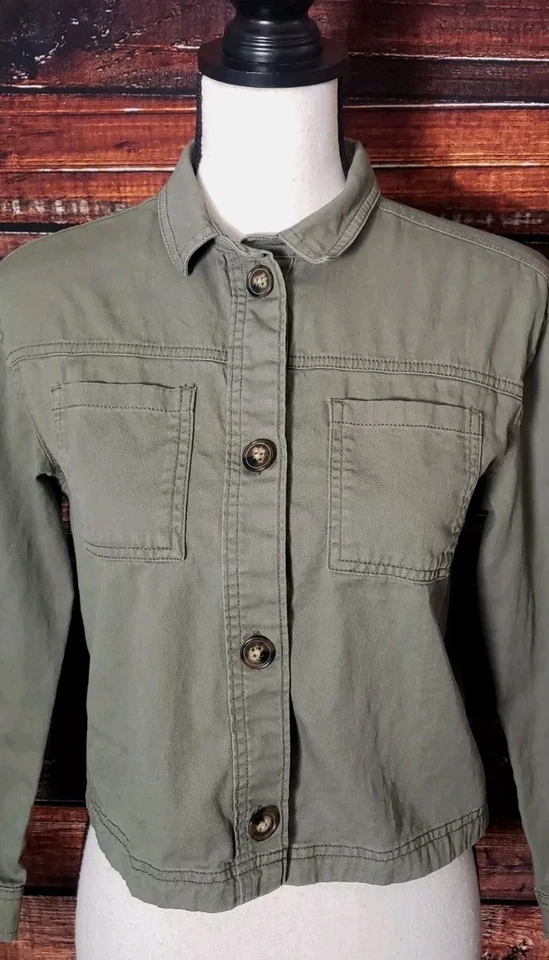 Chaqueta Antigua Azul Marino Talla Grande Estilo Militar Verde Oliva Algodón Recortado Para Mujer Foto 2 de 4