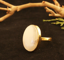 Amazing Blue Fire Rainbow Moonstone Ring Gold Plated Collet Adjustable Ring
