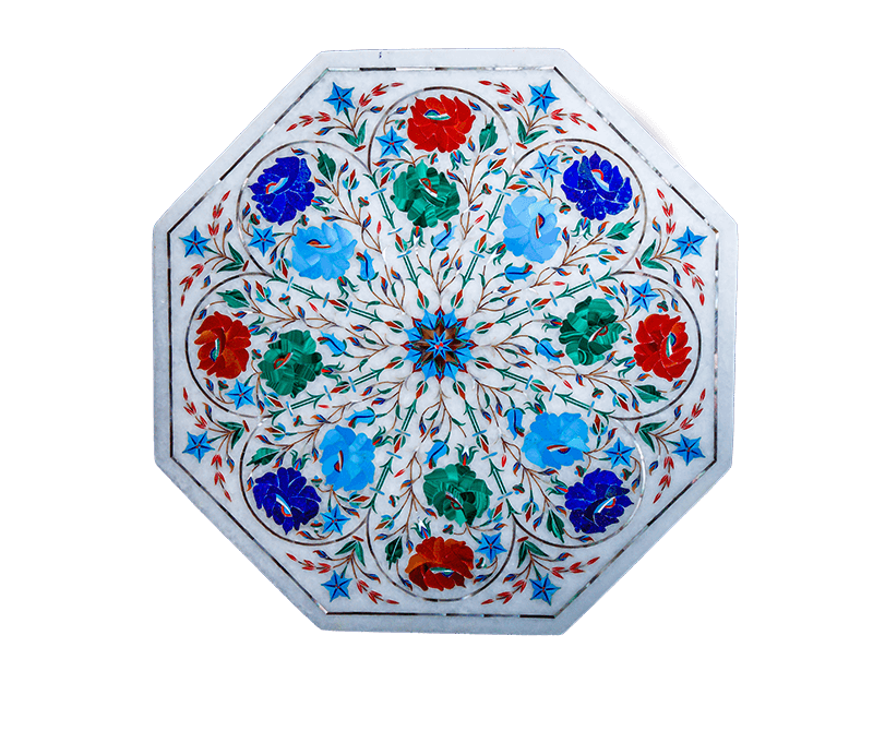 21-Inch Marble Coffee Table with Lapis Carnelian Inlay Art Decor