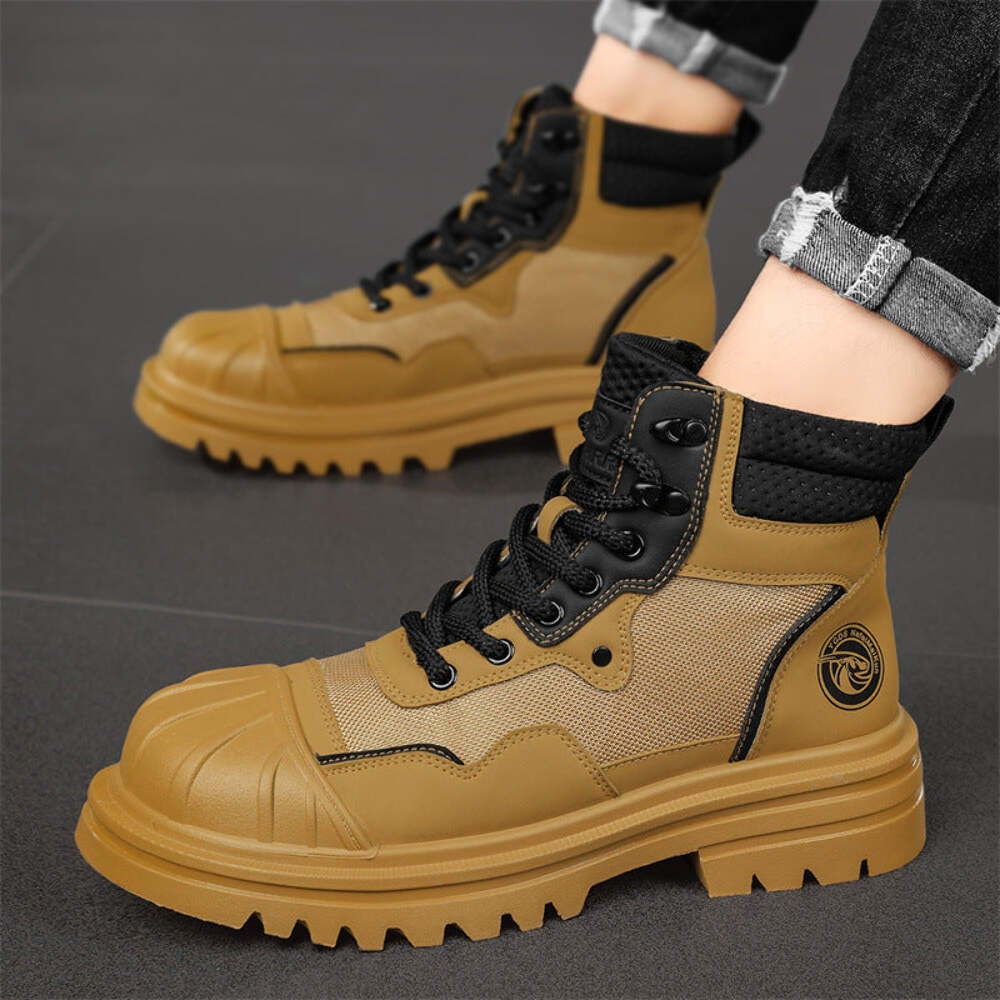 Men's High Top Boots Shell Toe Round Head Front Lace-Up Middle Calf Boots Leathe