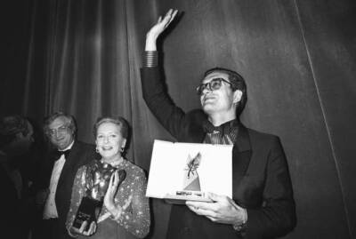 German director Wim Wenders shows his award near French director B- Old Photo