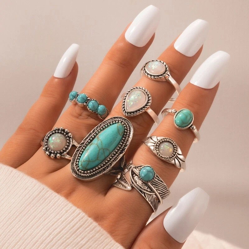Vintage Gem Turquoise Rings Set Women Rings Turquoise Alloy