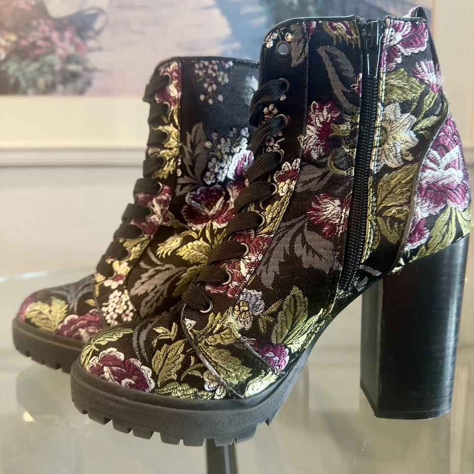 Steven Madden Laurie Negro Rosa Verde Brocado Tela Floral Botín Alto Talla 7.5 Foto 2 de 4