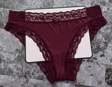 NWT VICTORIA'S SECRET M MAROON SATIN SMOOTH STRAPPY LACE RARE BIKINI PANTIES