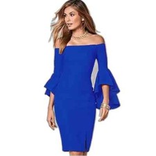 Venus Dress Womens Cobalt Blue Size 8 Off Shoulder Ruffle Bell Sleeve Flare