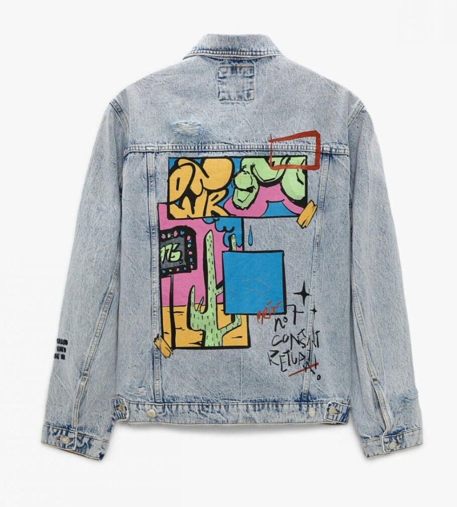 ZARA Man Graffiti Grunge Printed Denim Jacket Blue 1466/455 ZARA Man Graffiti Grunge Printed Denim Jacket Blue 1466/455