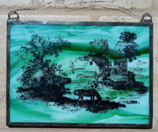 Vintage Green Slag Glass Framed Art Picture 1975 Mill House Cottage w/ Horse