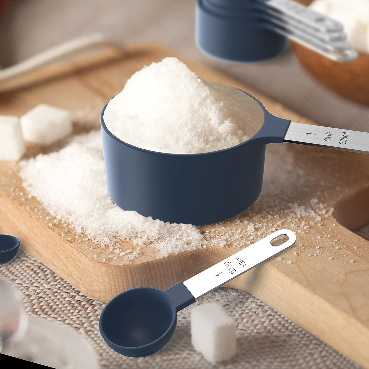 Measuring Cups & Spoons Set Stackable Nesting Stainless Steel Handle Blue