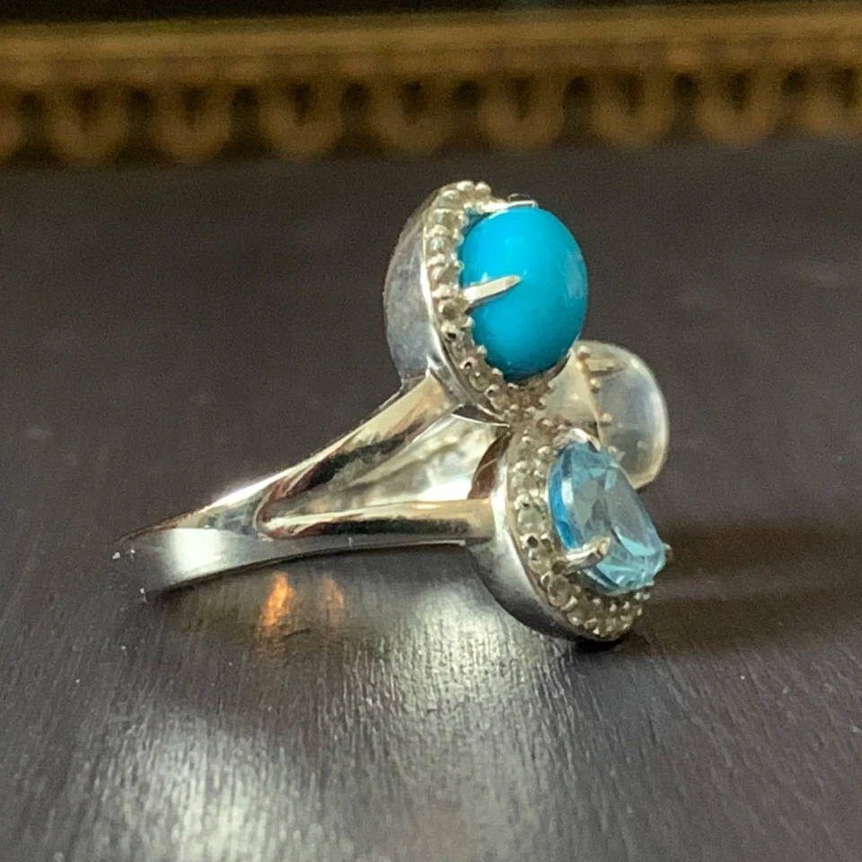 Colleen Lopez Ring Sterling Silver Blue Topaz Turquoise Moonstone Size 7.5 Adjus - Image 2 of 4
