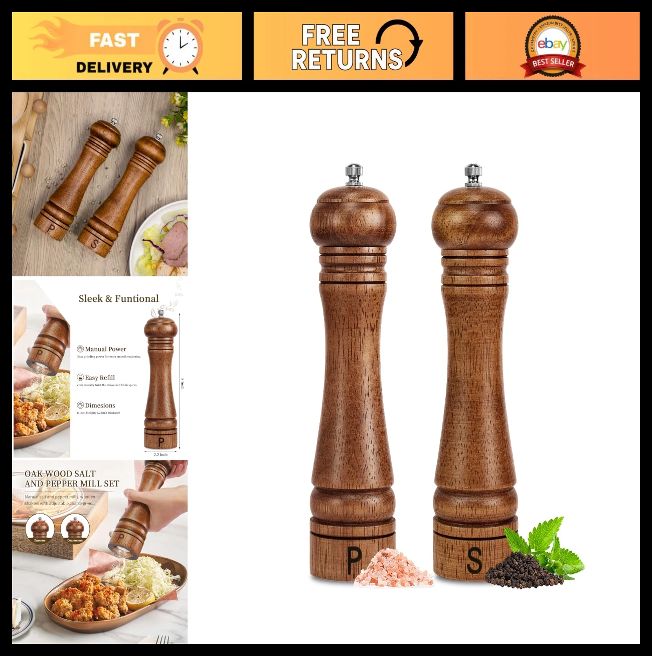 Wooden Salt & Pepper Grinder Set - Refillable Mills, Adjustable Coarseness, 8" O