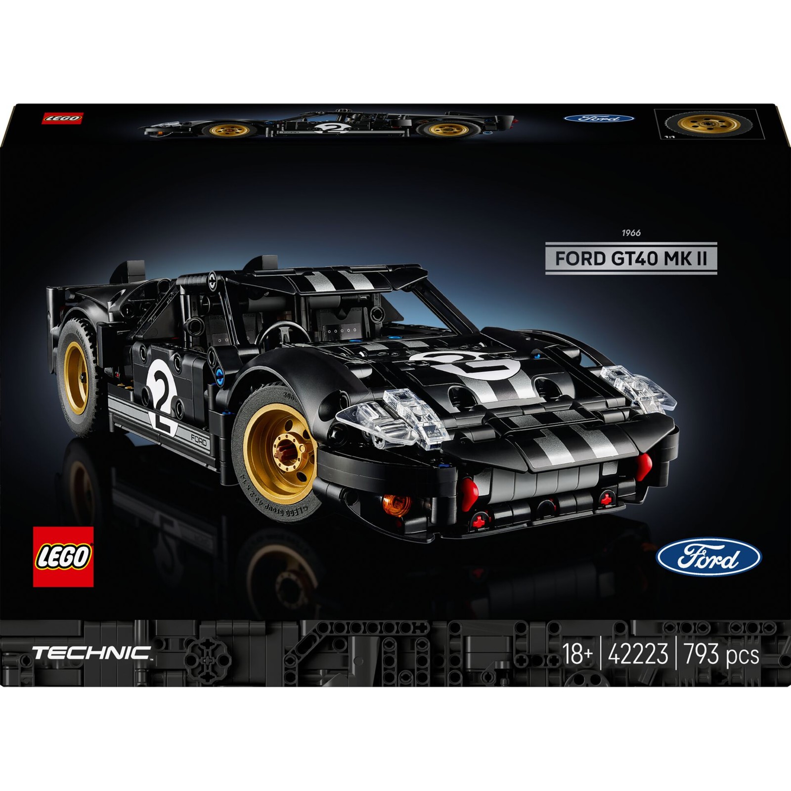 Lego Noir & Blanc Voiture Technic Ford Gt40 Mk Ii 42223 - 793 Pièces, V8 Fonctionnel, Noir Et Argent - Neuf - Image 2