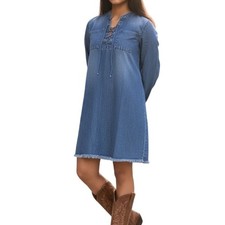 Wet Seal Denim Dress XS Long Sleeve Lace Up Fringe Hem Casual Shirt Dress